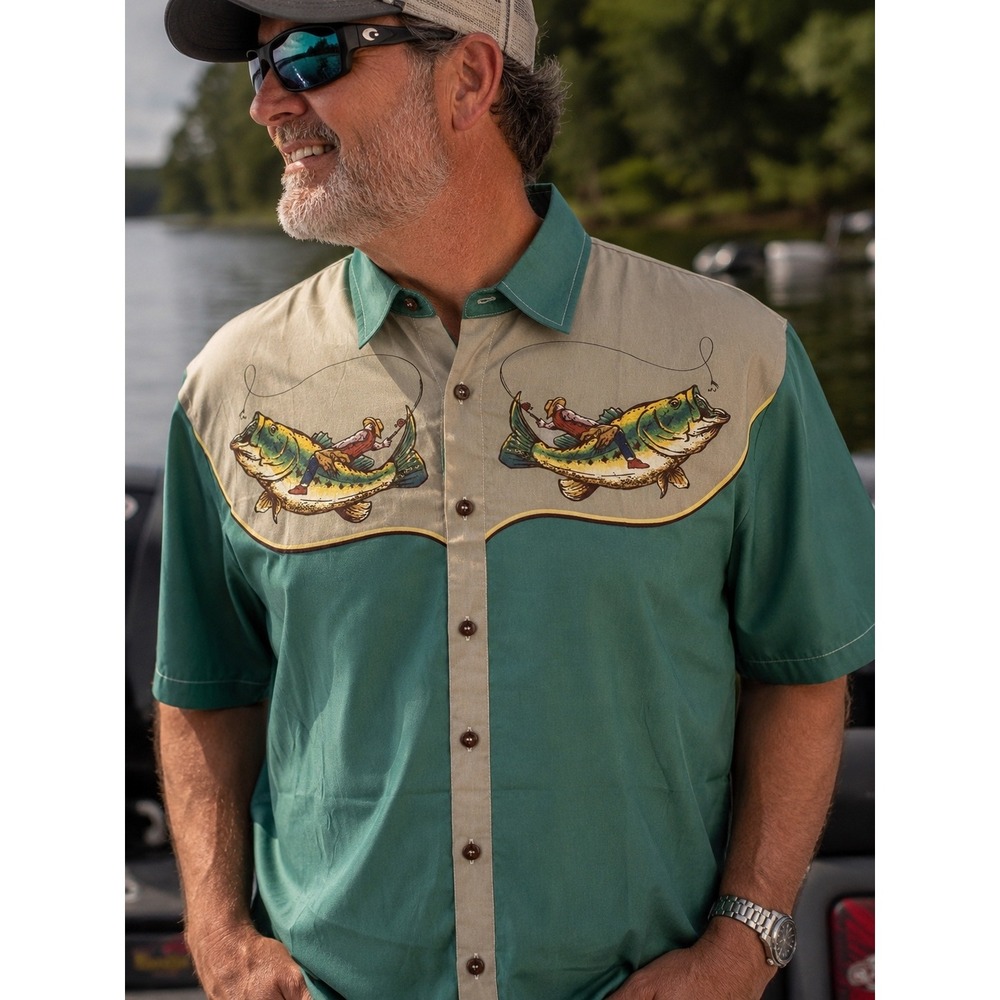 Boozelele Mens Large Fishing Bass Cowboy Graphic Button Down‎ Shirt Teal Tan